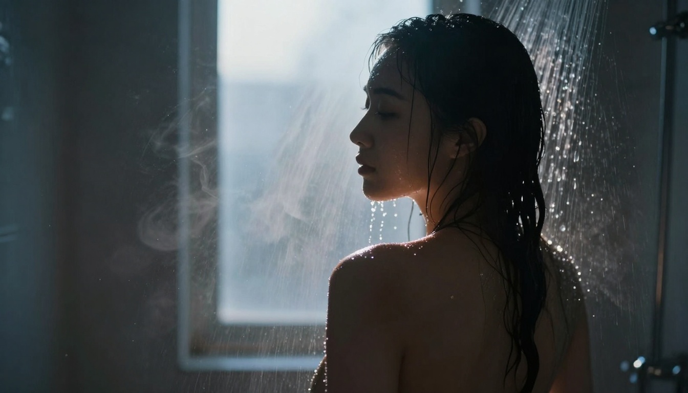 Backlit silhouette of a woman standing in shower