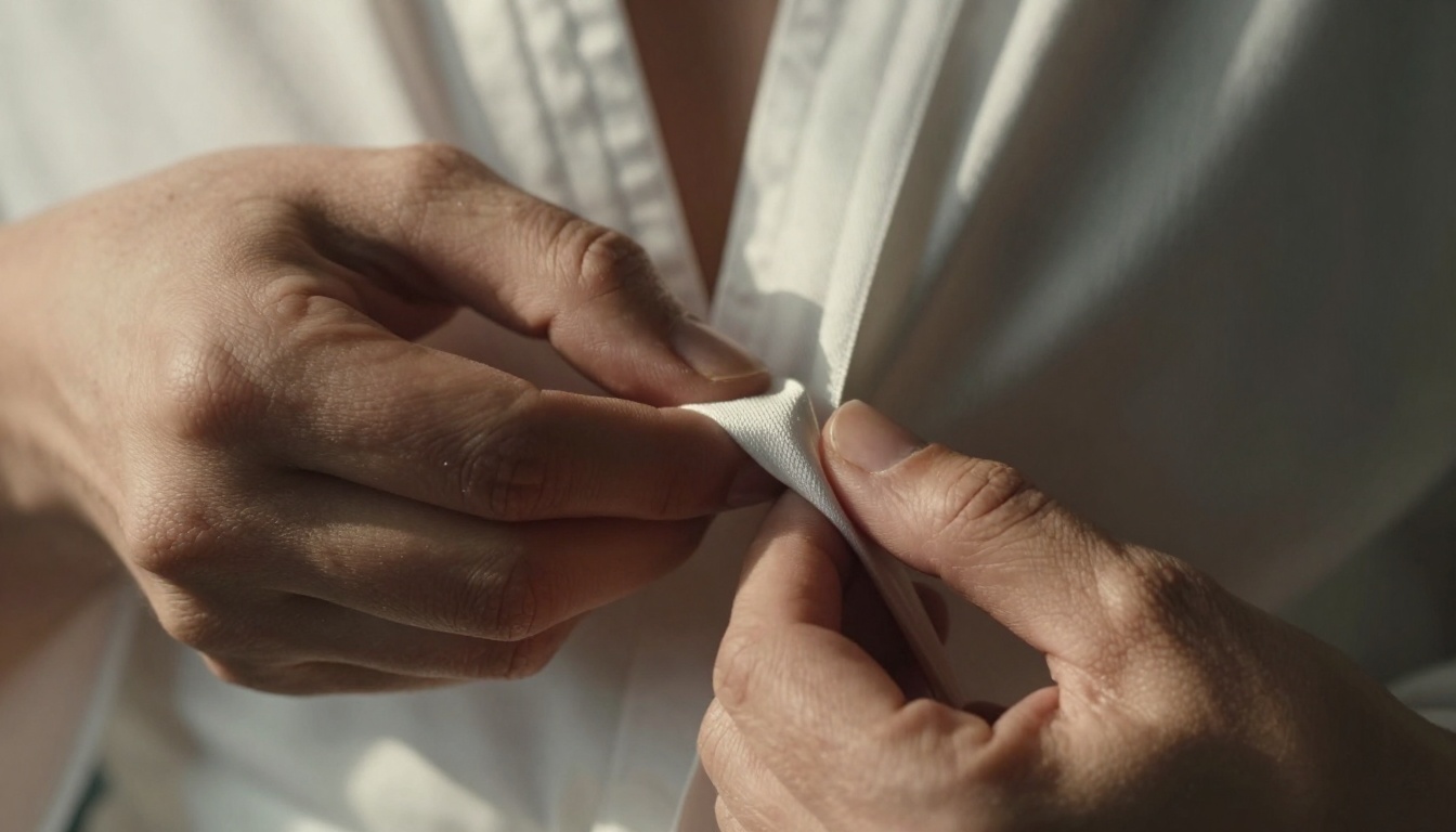 Extreme close-up of hands untying silk robe ribbon