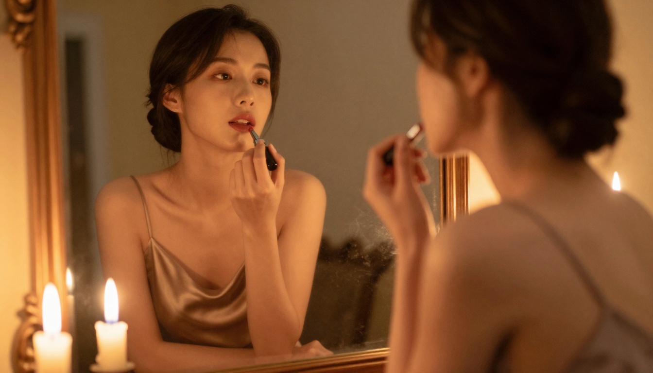 Woman sitting at vanity table applying lipstick in mirror reflection