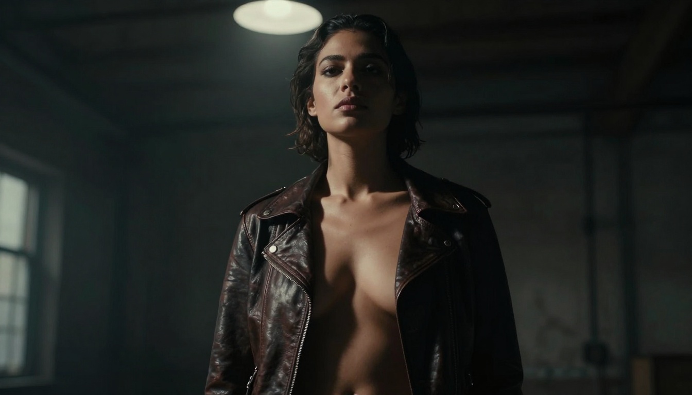 Dramatic low-key lighting portrait of woman in leather jacket
