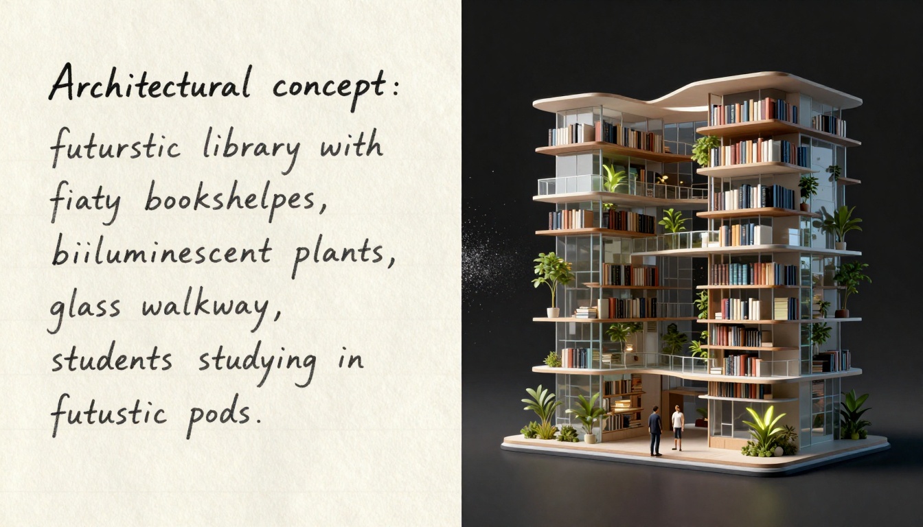 Text description transforming into architectural visualization