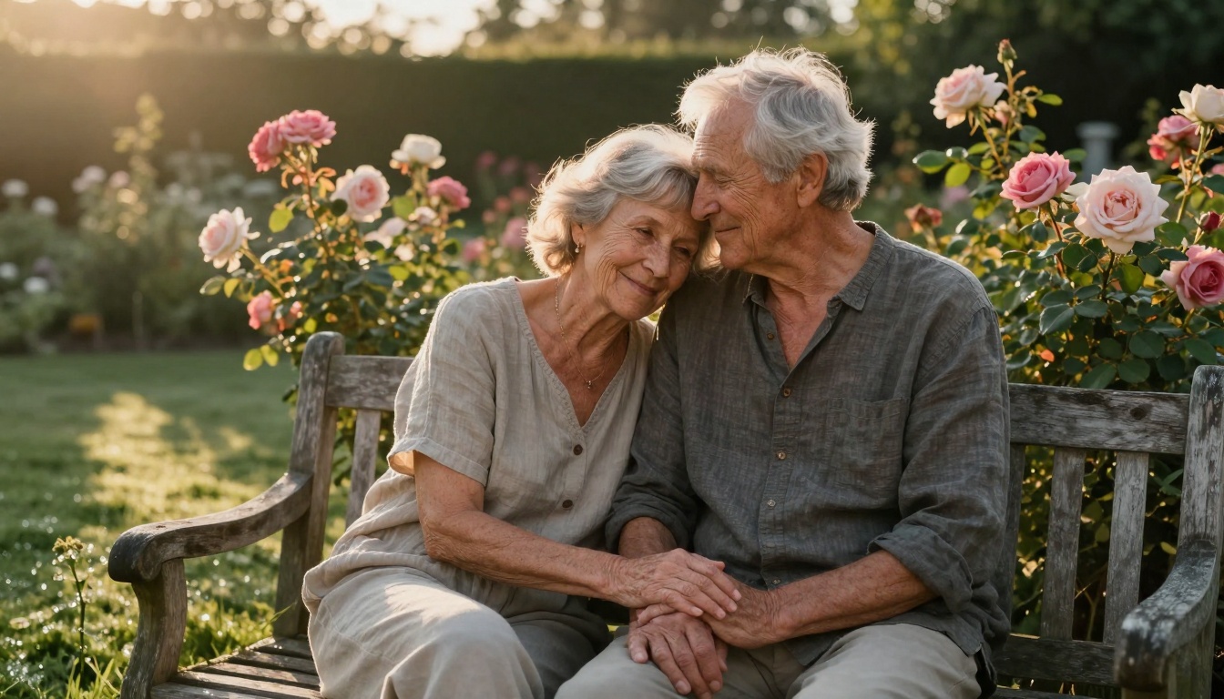 Mature couple garden intimacy