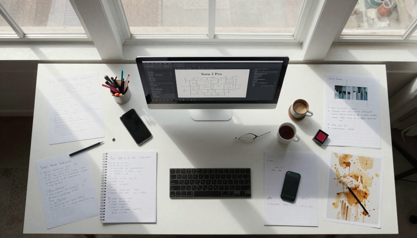 Creative workspace overhead view
