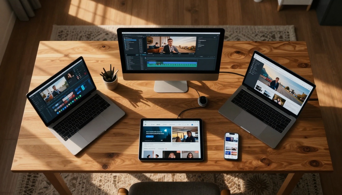 Aerial view of creative workspace with multiple devices