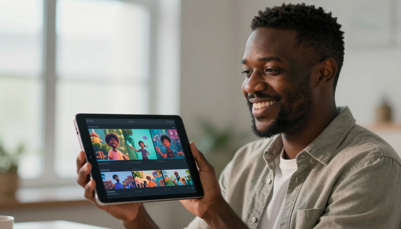Creative professional smiling with AI-generated content