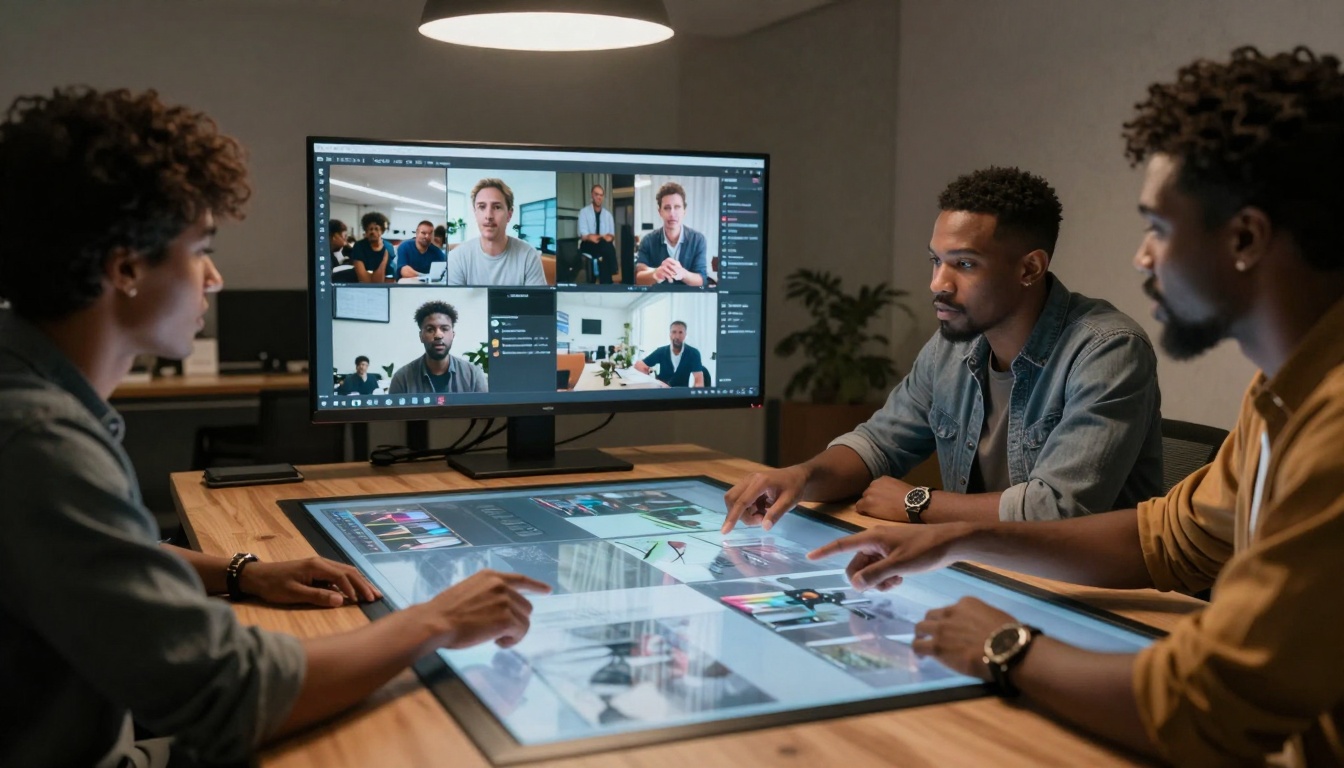 Collaborative workspace discussing AI video projects