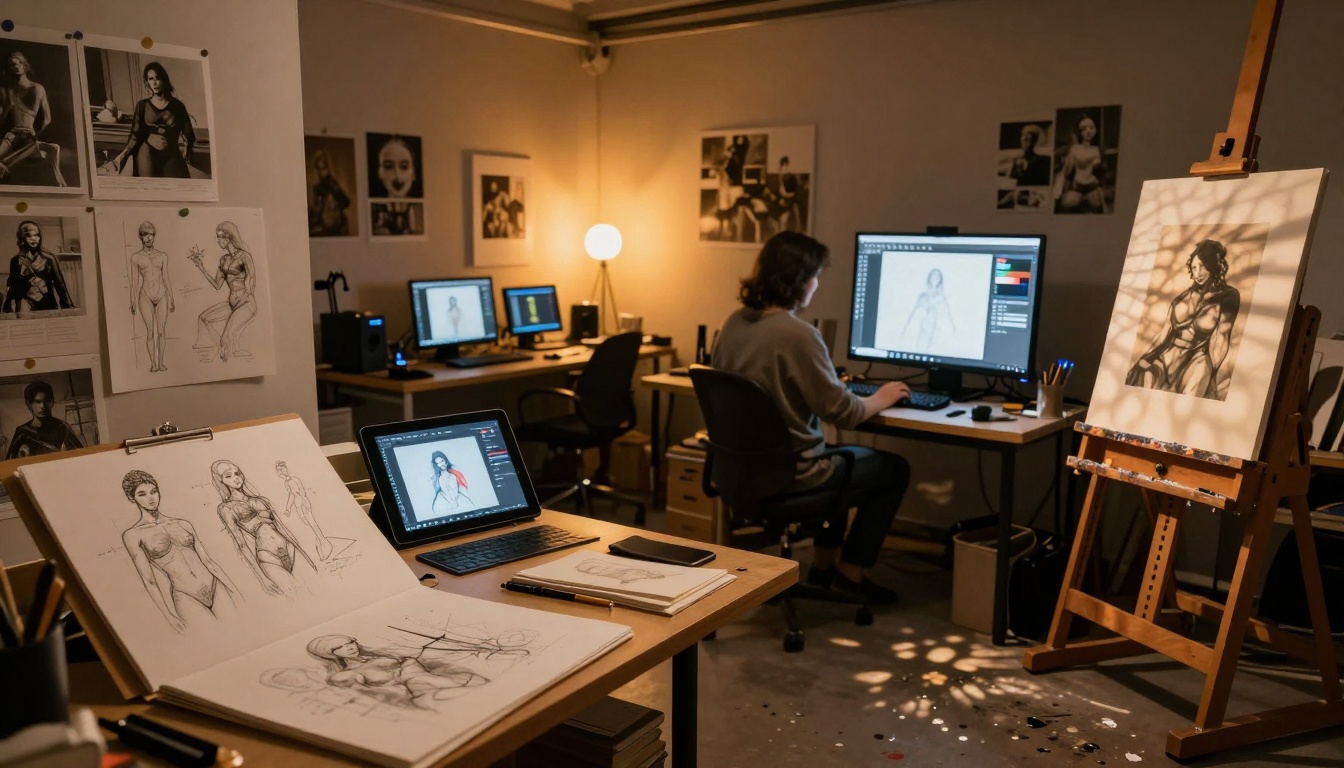 Art studio showing creative process from concept to final