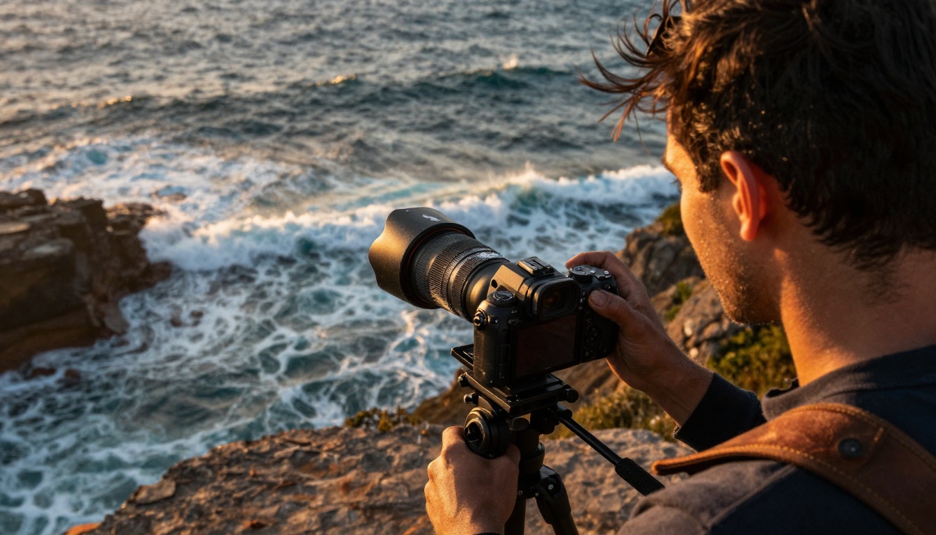 Aerial shot of filmmaker at cliff edge