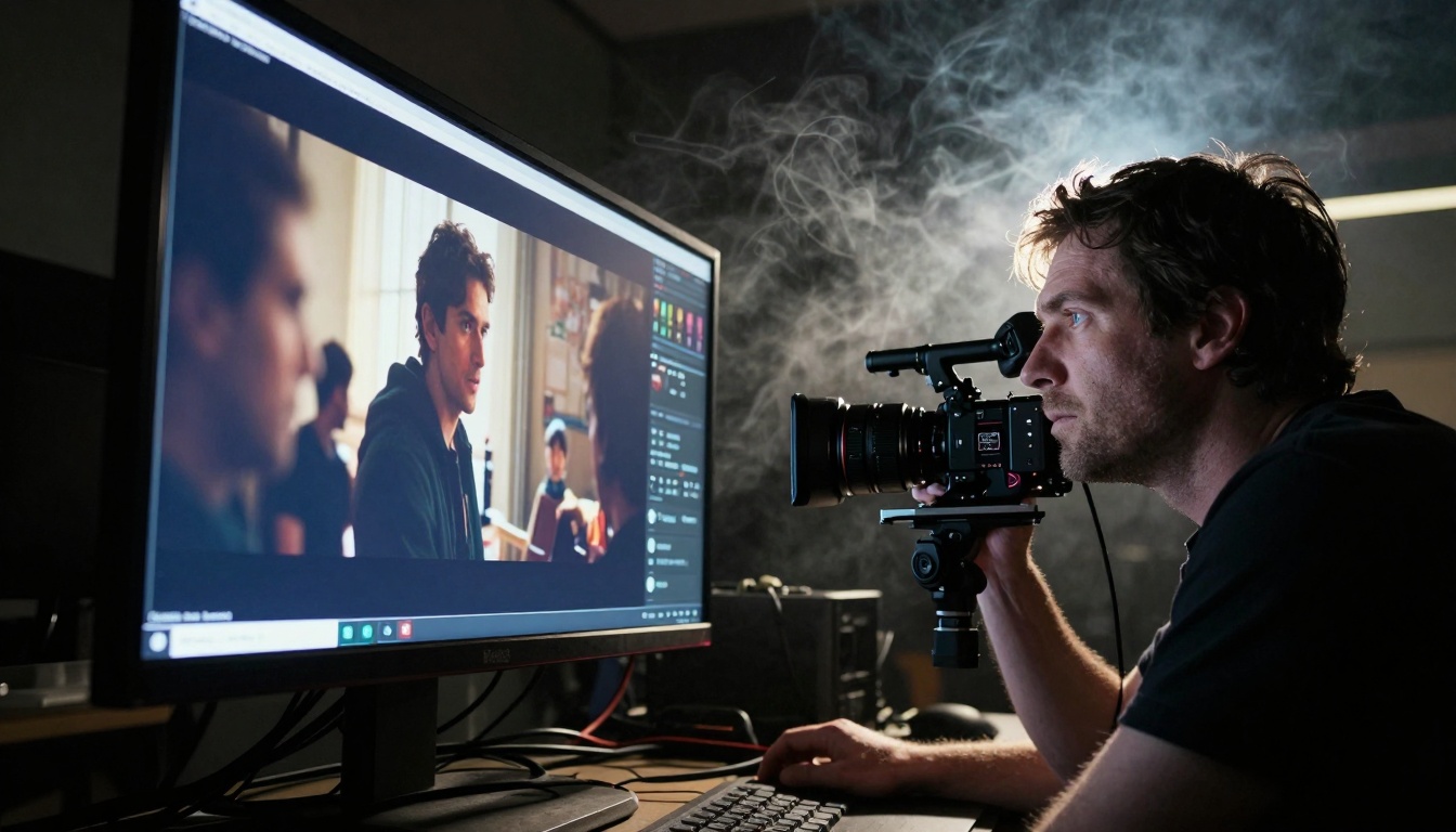 Film set with director monitoring footage