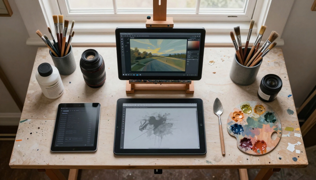 Artist's traditional vs digital workspace