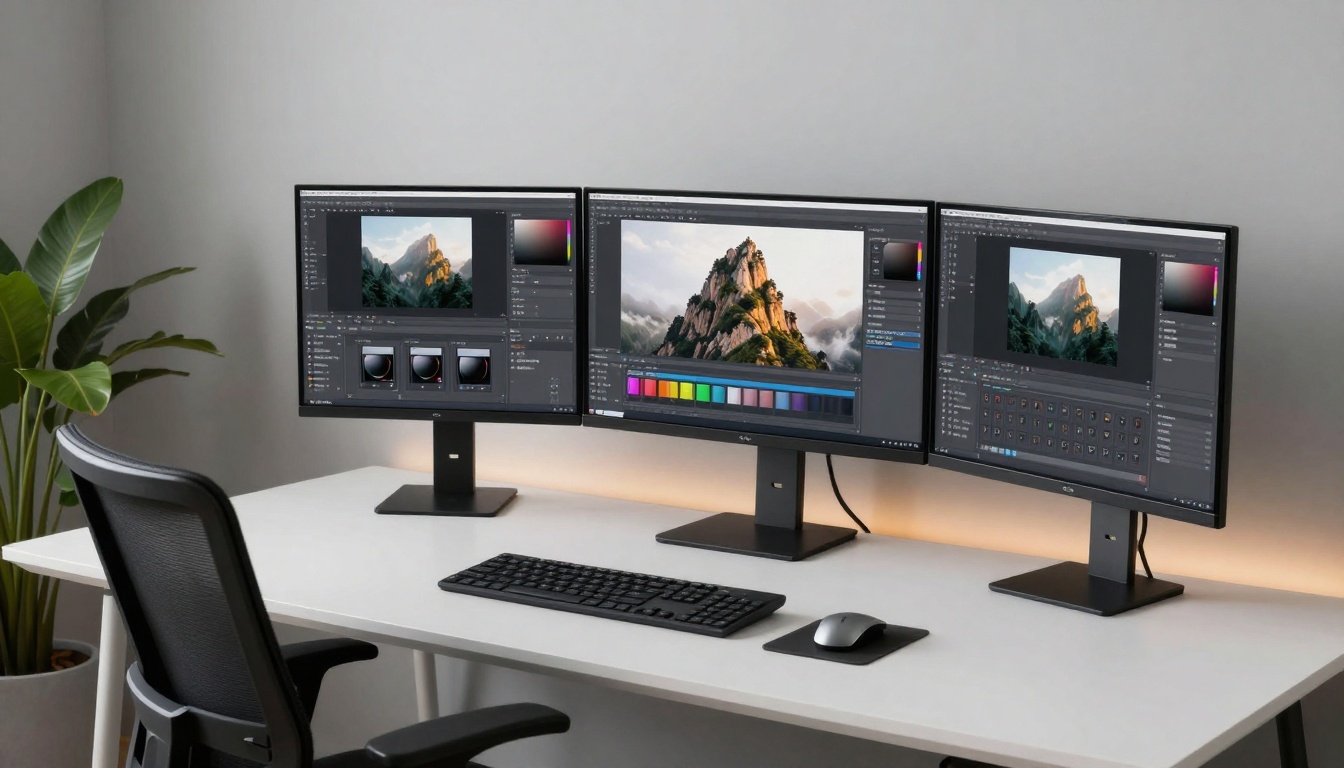 Professional workspace with multiple monitors