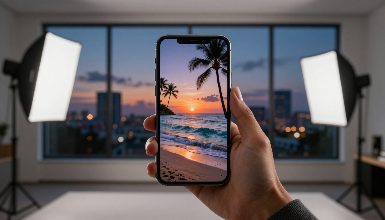 Phone displaying AI-generated sunset