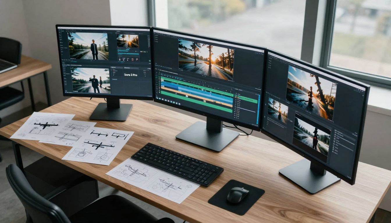 Aerial view of creative workspace with Sora 2 Pro interface