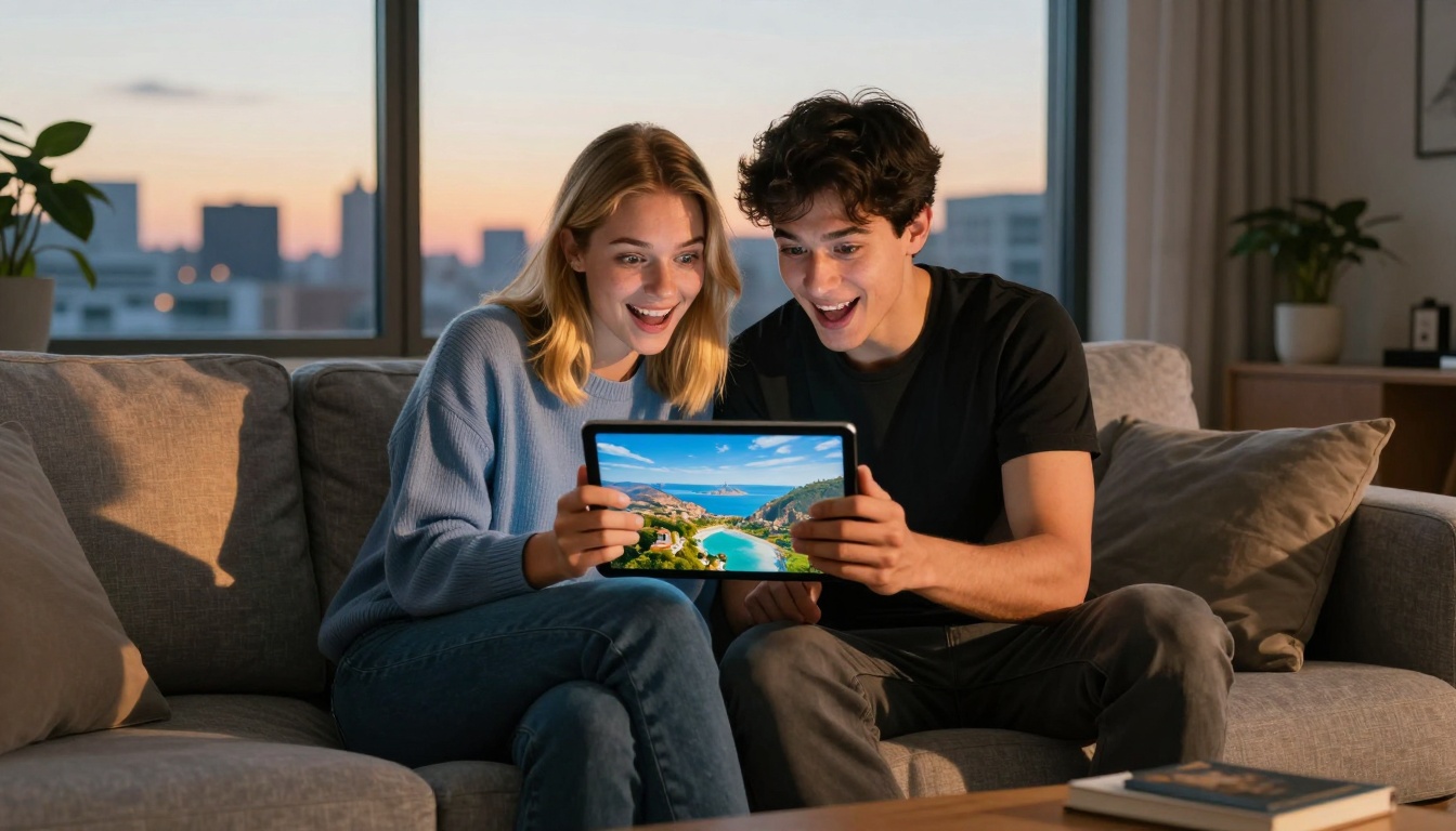 Couple discovering AI travel images Couple discovering AI travel images
