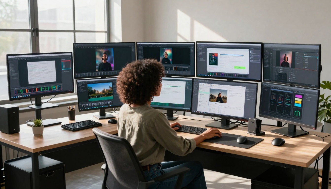 Creative workspace with multiple screens