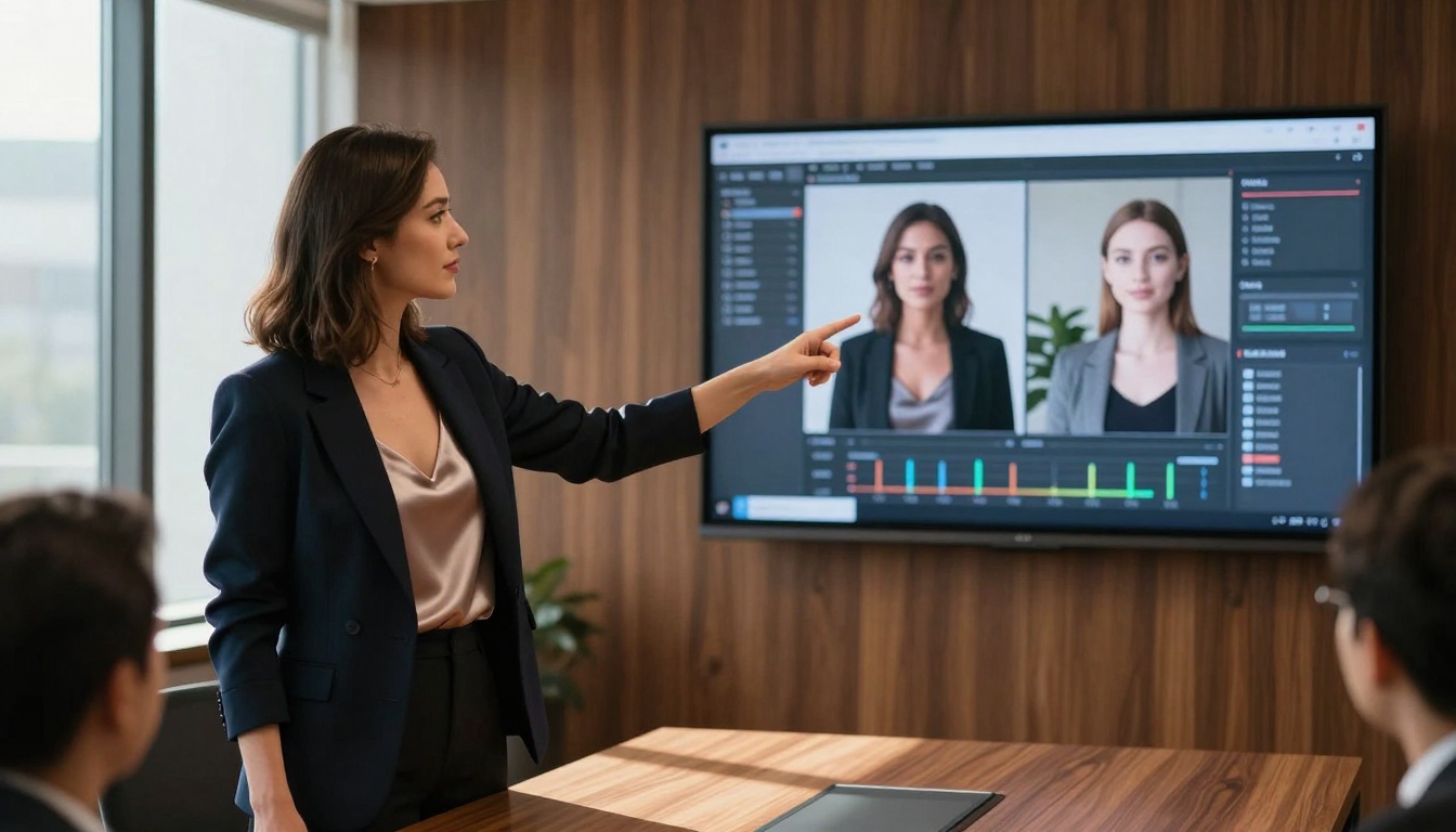 Boardroom demonstration of video technology Boardroom demonstration of video technology