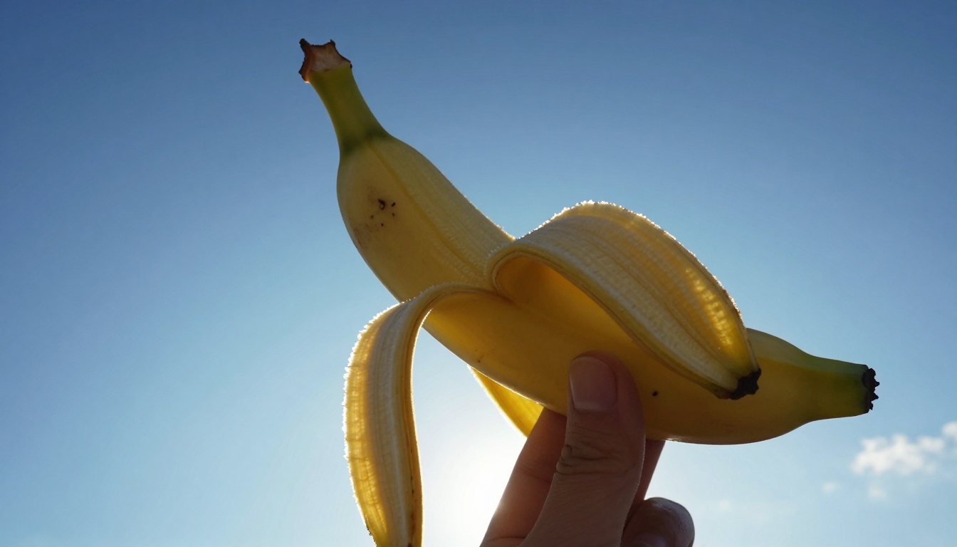 Low-angle banana against blue sky