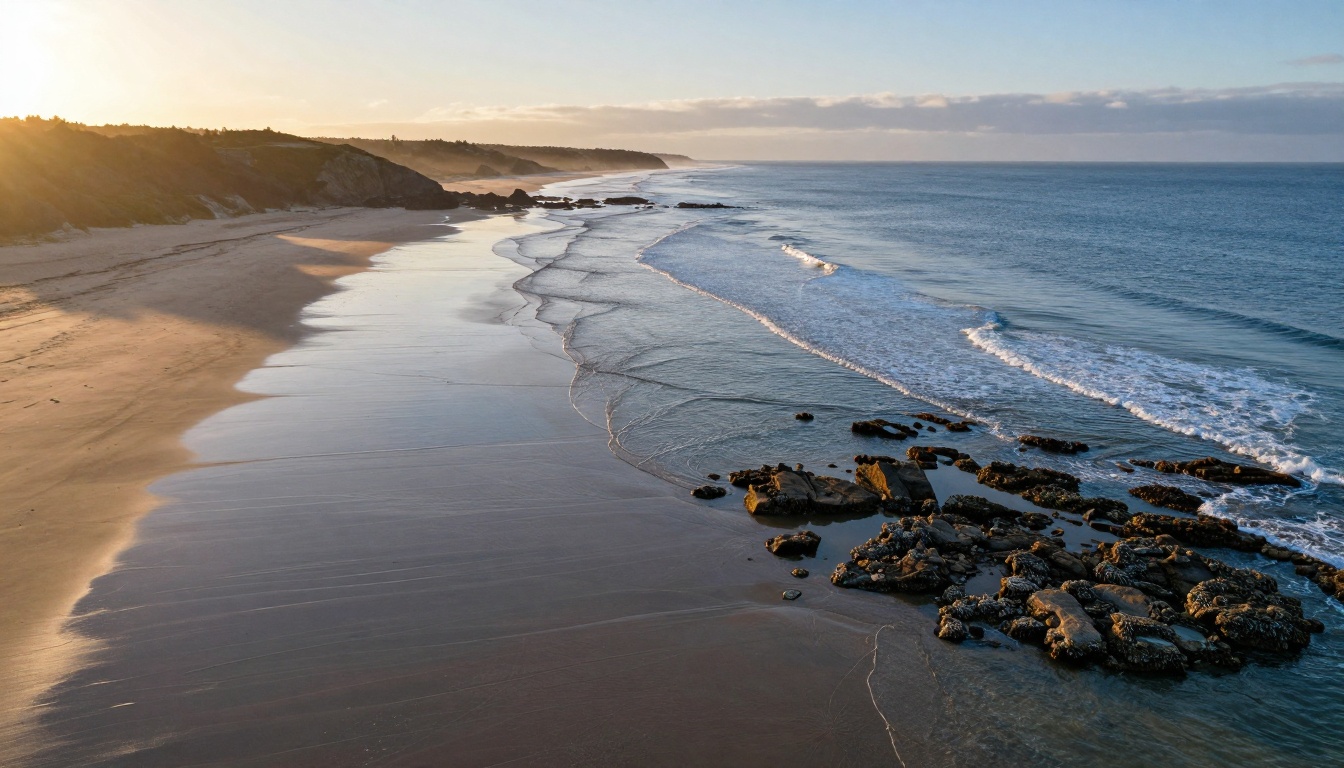 Aerial coastal landscape at sunset
