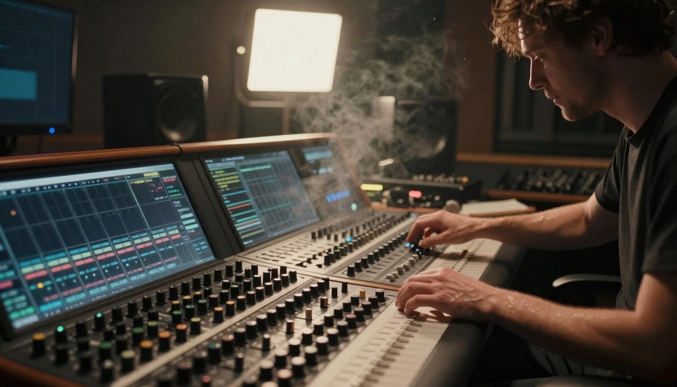 Dutch angle of musician adjusting AI mixing parameters