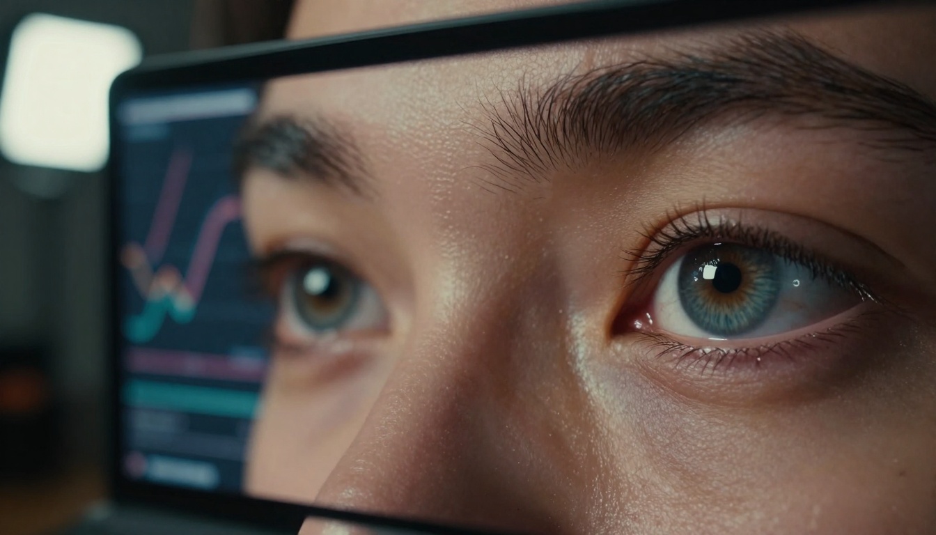 Extreme close-up of musician's eyes reflecting AI visualization