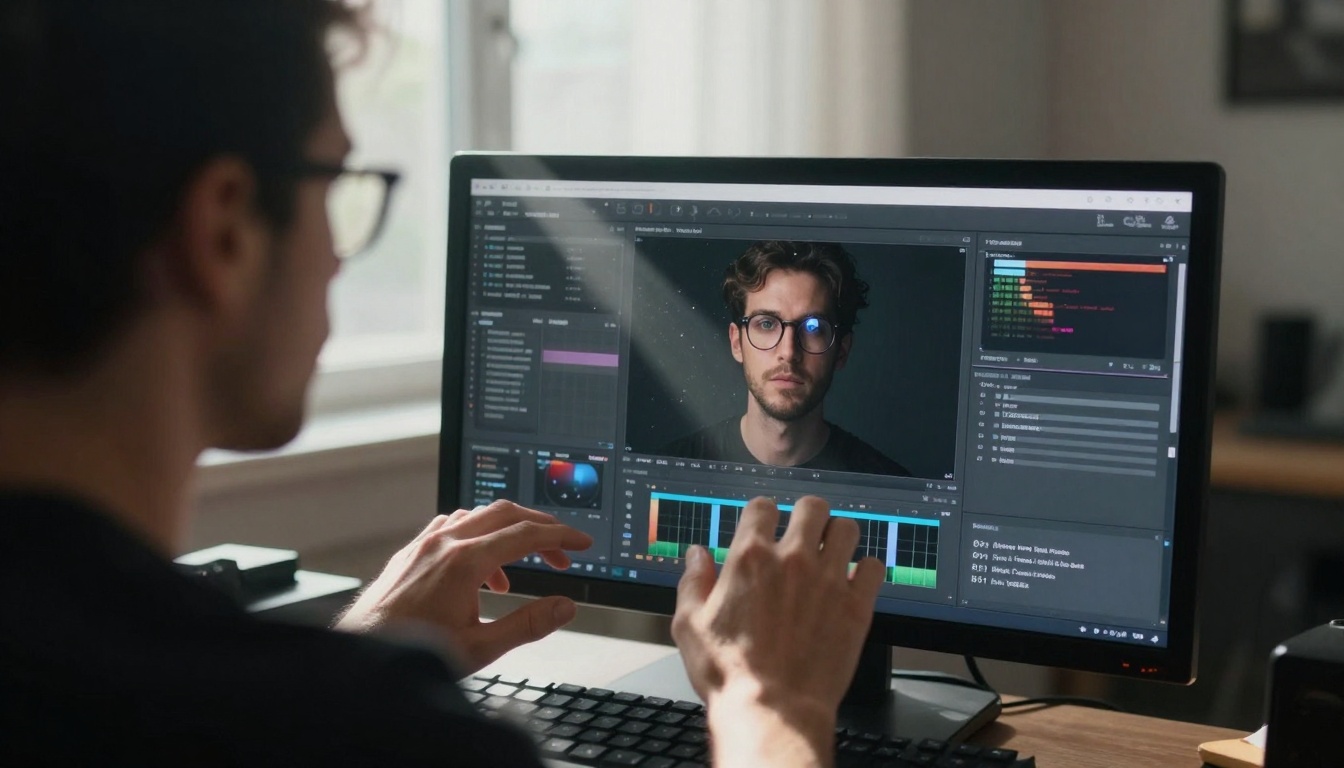 Over-the-shoulder view of musician navigating AI composition interface