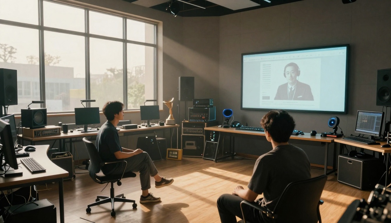 Wide establishing shot of AI-human creative partnership
