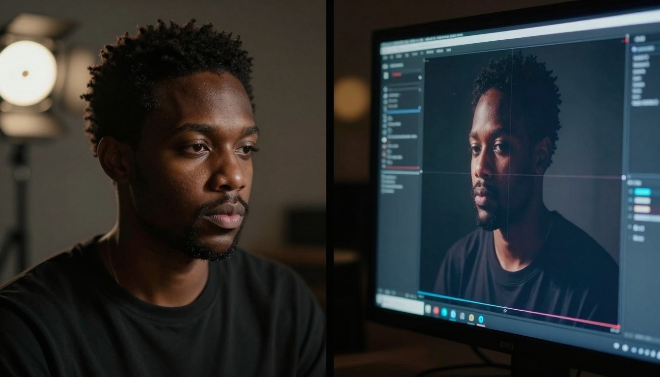 Split-focus composition showing musician and AI analysis visualization