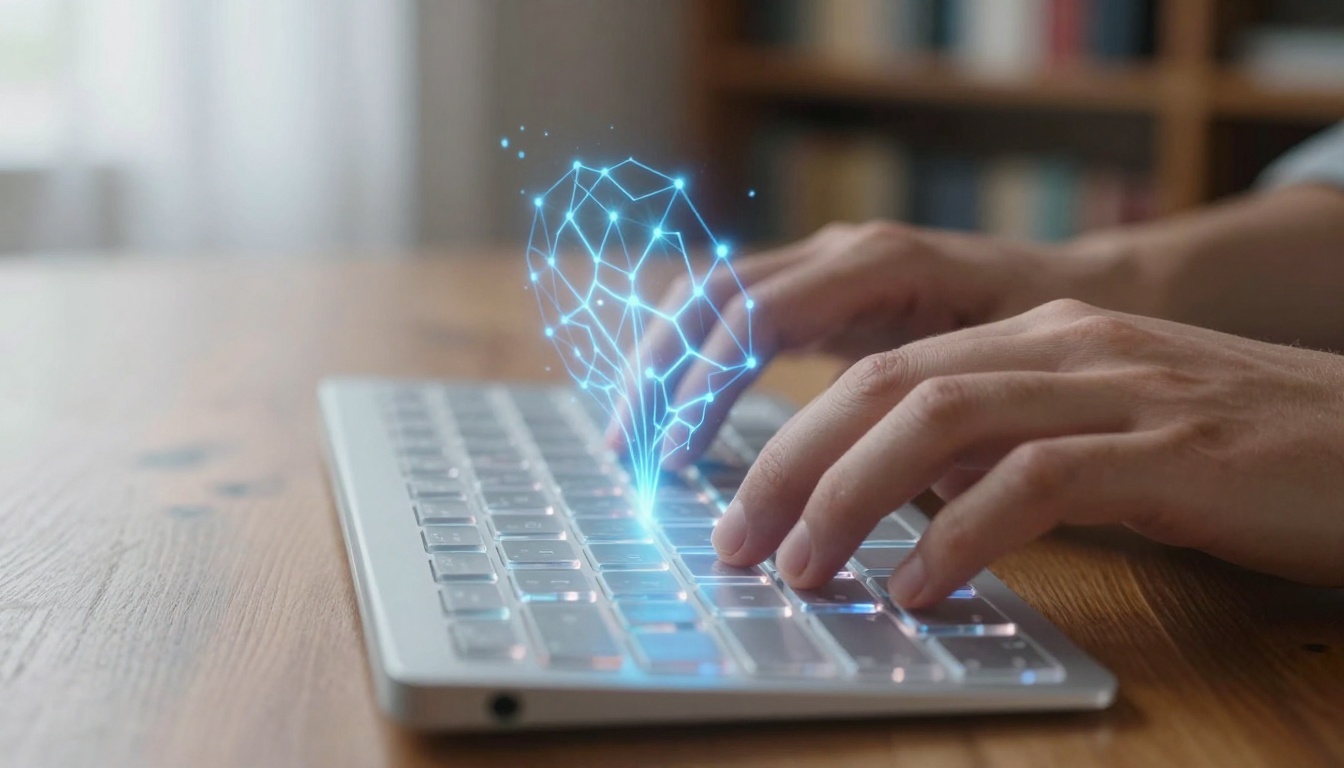 Close-up of hands typing on a transparent holographic keyboard with glowing neural network patterns