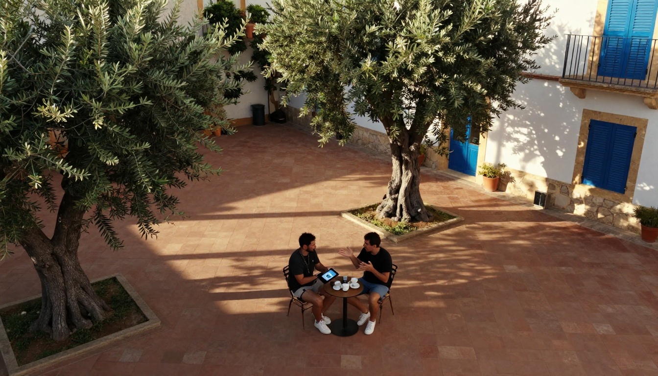 Aerial drone shot looking down at two people having coffee in a sunlit courtyard