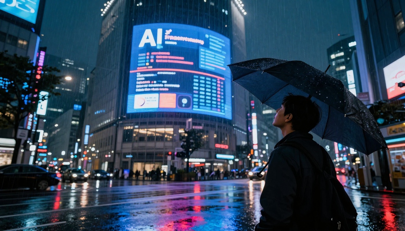 Extreme low-angle shot of a person looking up at a massive digital billboard