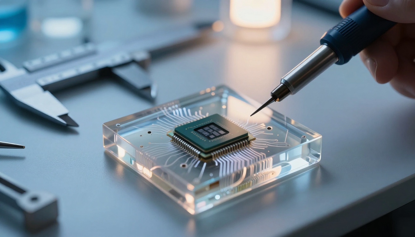 Macro shot of an AI chip embedded in translucent resin