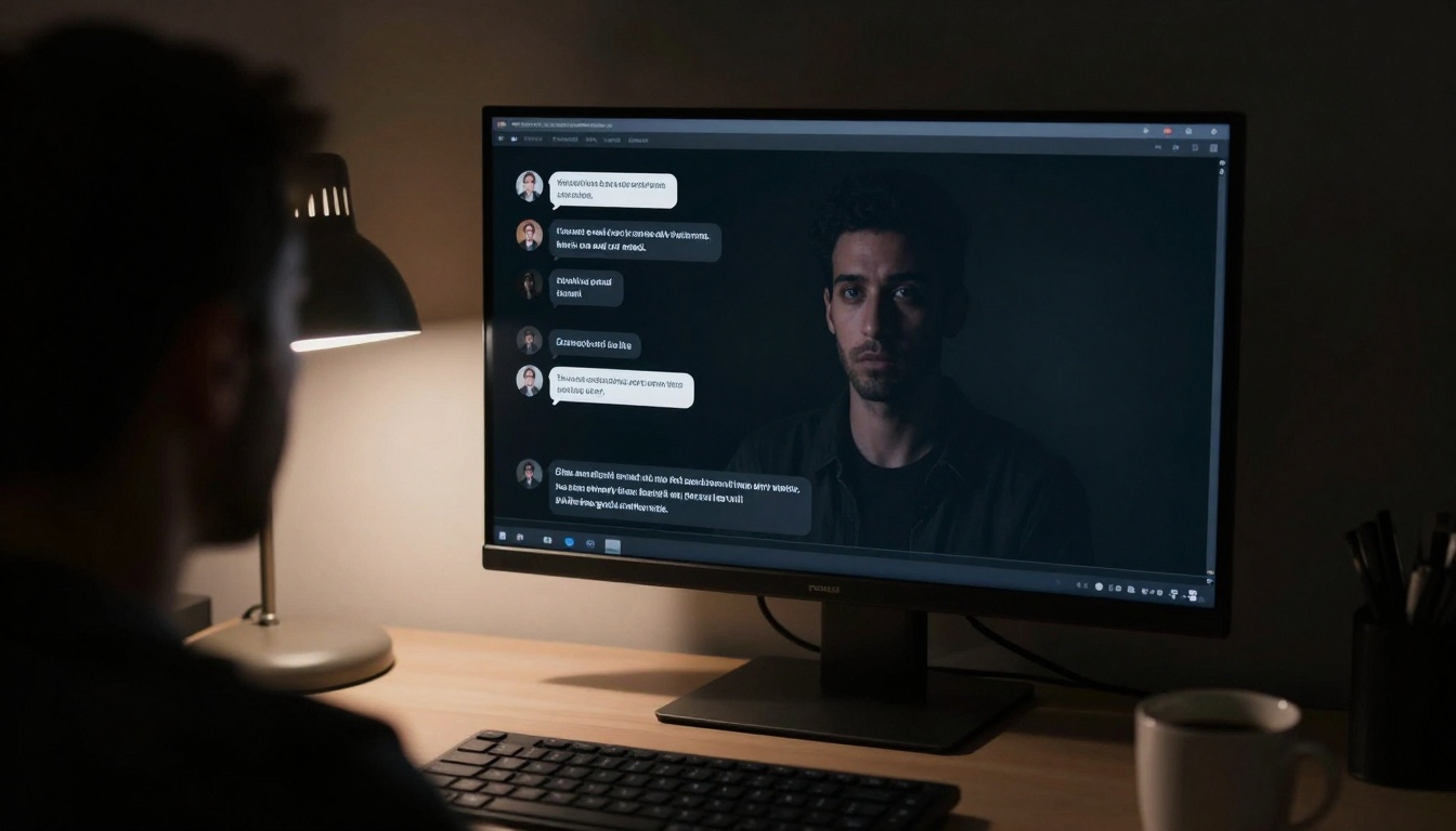 Over-the-shoulder perspective showing AI conversation transcript