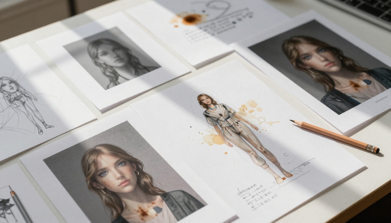 Graphic designer's workspace with AI iterations