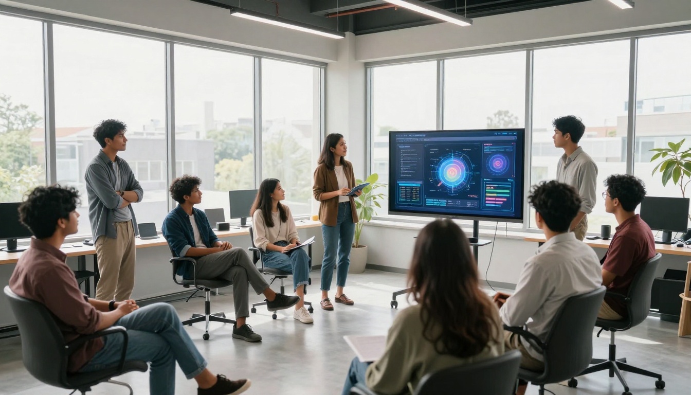 Collaborative team discussing AI-generated content