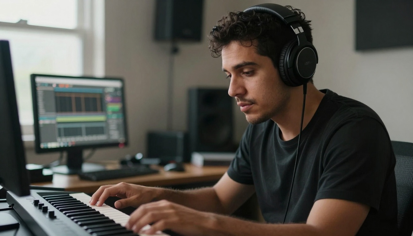 Musician using AI composition software