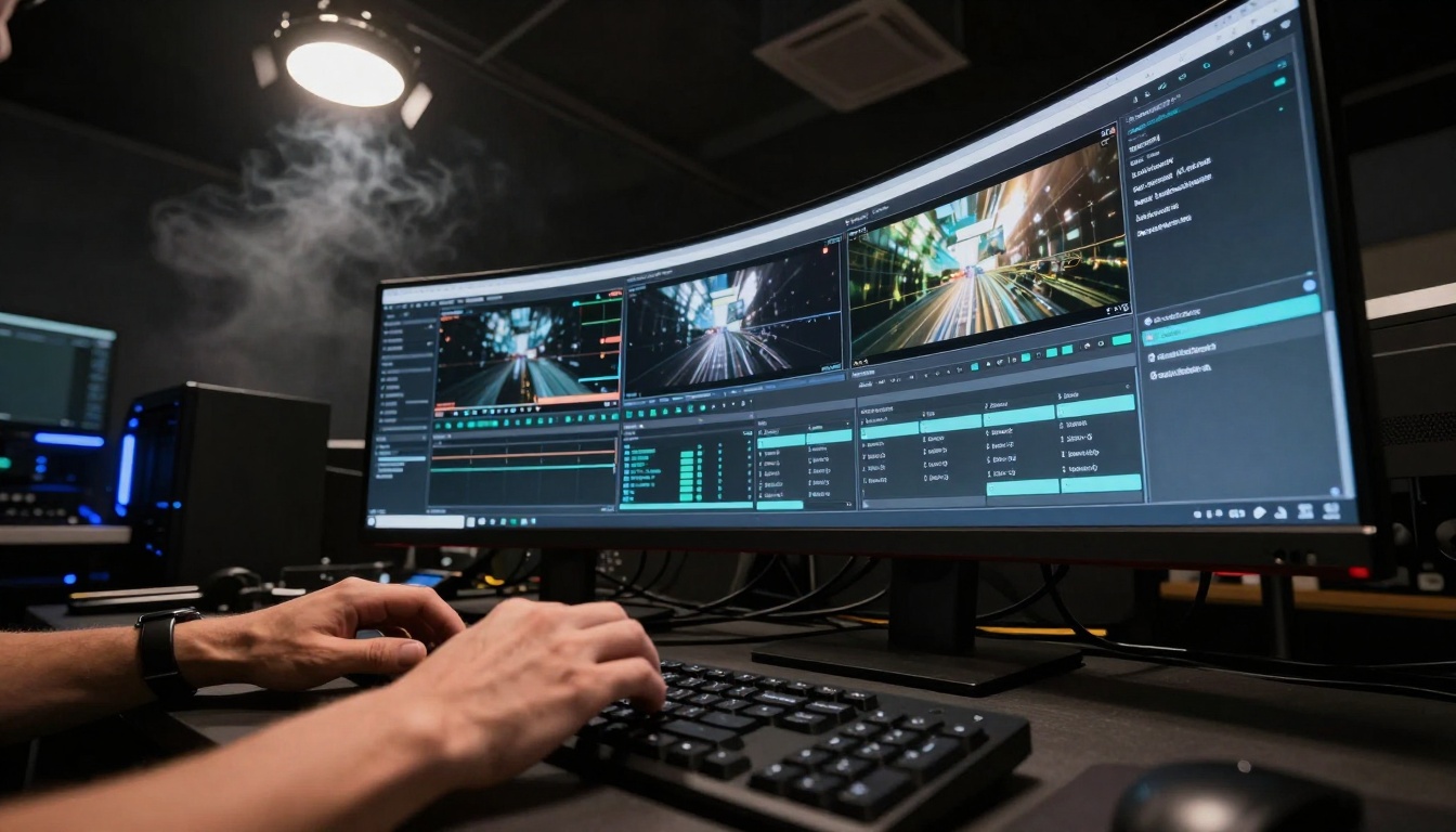 Production assistant operating AI video generator interface Production assistant operating AI video generator interface