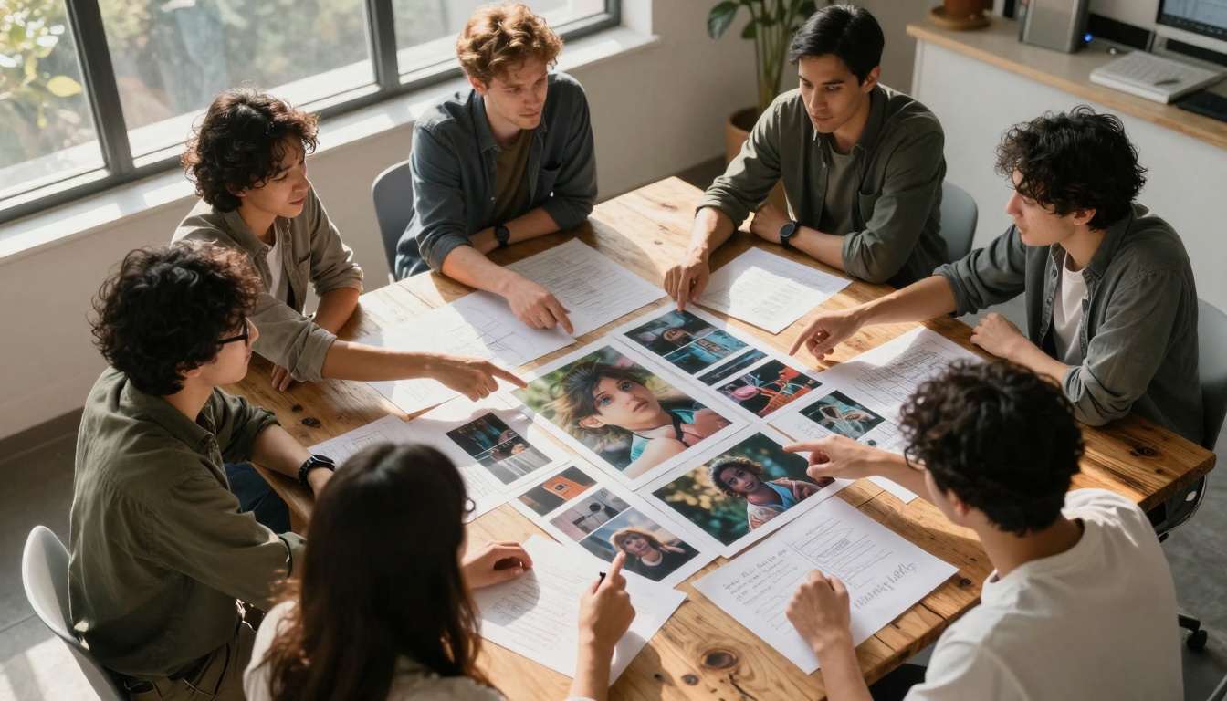 Creative team brainstorming AI video concepts Creative team brainstorming AI video concepts