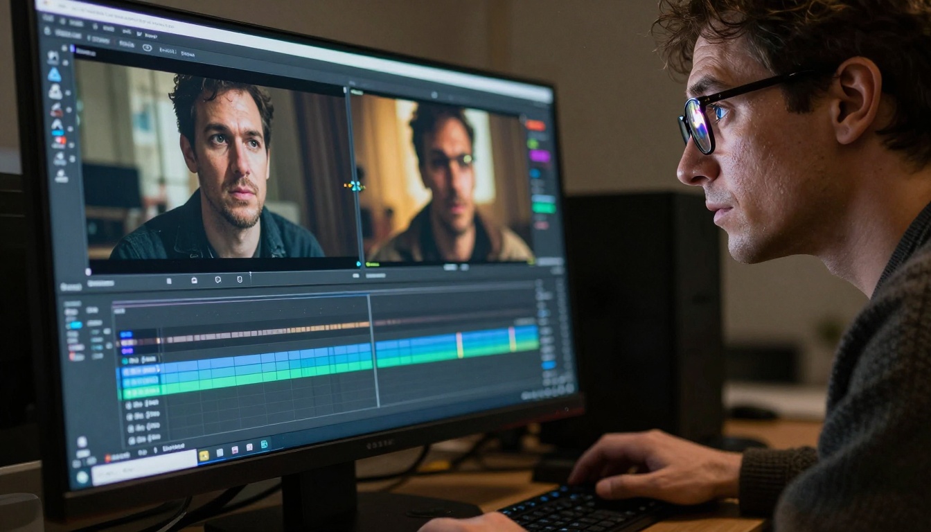 Video editor analyzing AI-generated footage Video editor analyzing AI-generated footage