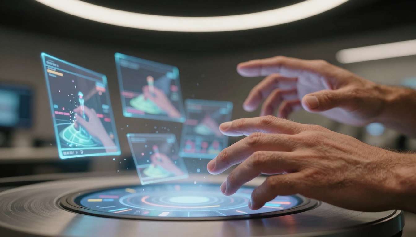 Creative director interacting with holographic AI projections Creative director interacting with holographic AI projections