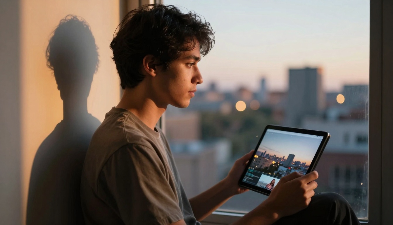 Filmmaker contemplating AI-generated concepts against cityscape