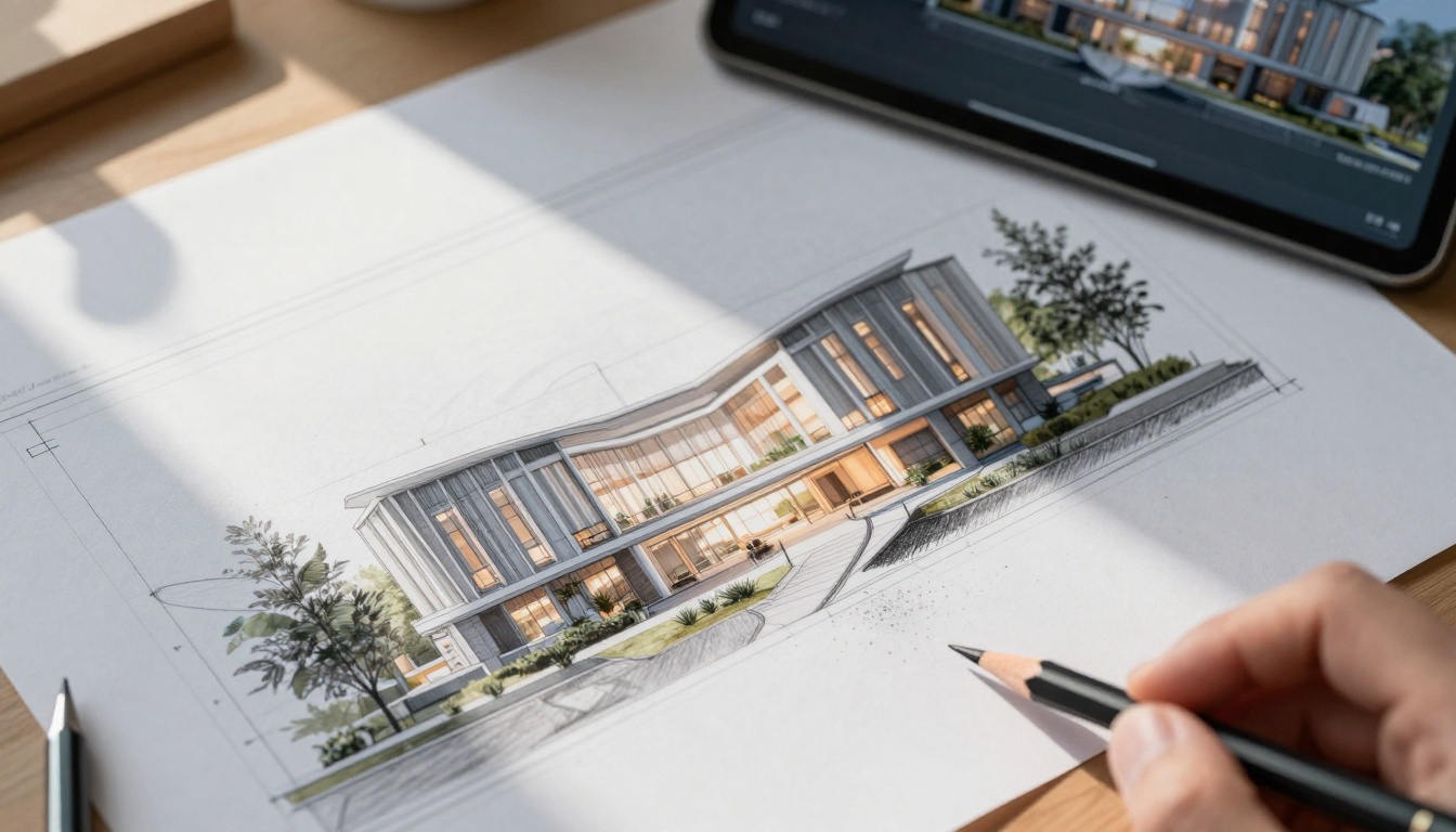 Architect's drafting table with AI visualizations