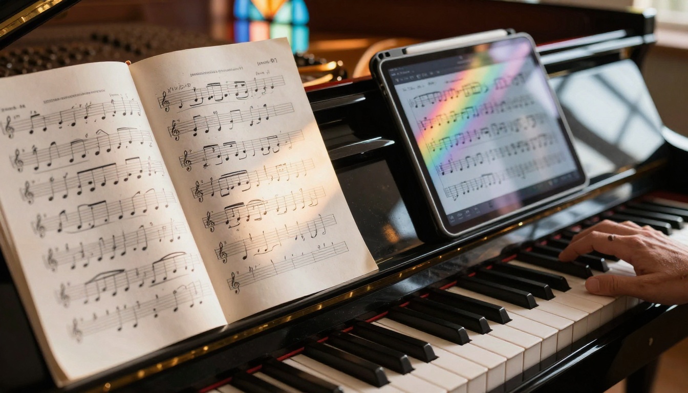 Musician's studio with AI-generated sheet music