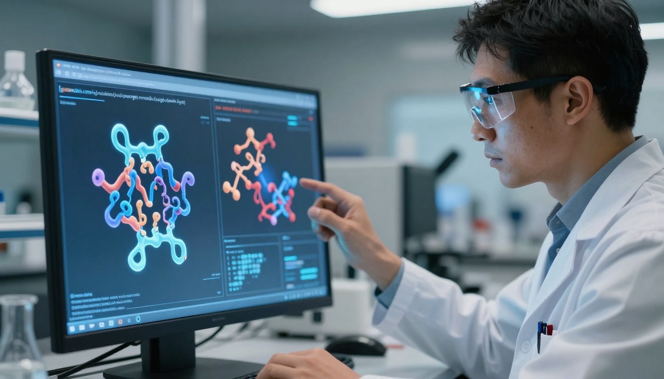 Scientific researcher analyzing AI molecular visualizations