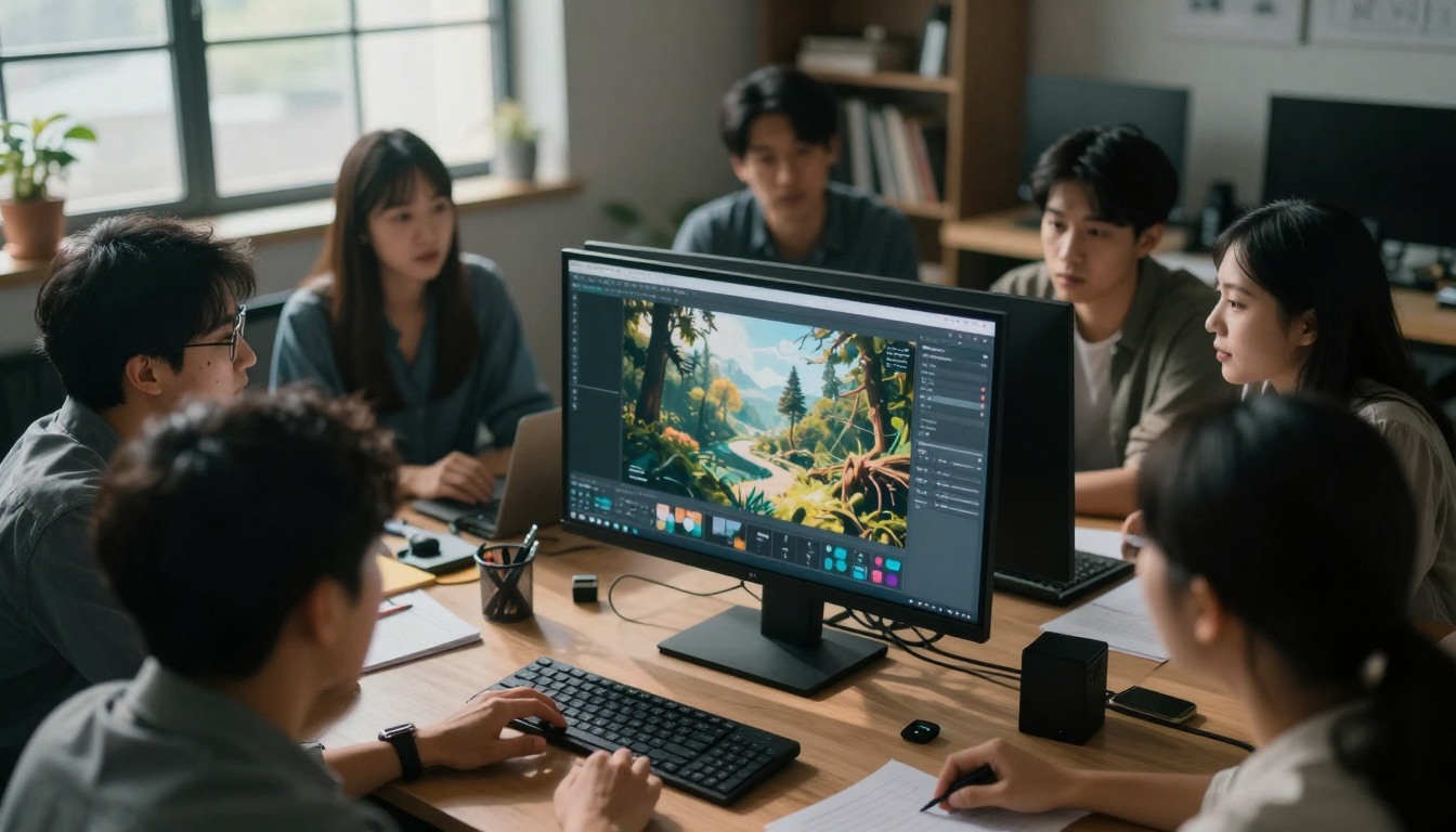 Creative team reviewing AI-generated footage