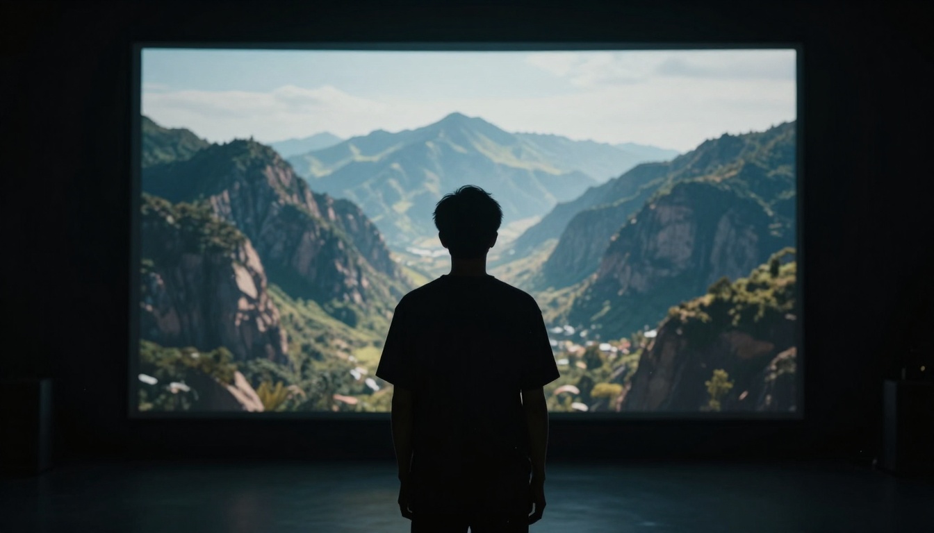 Filmmaker silhouetted against AI-generated landscape