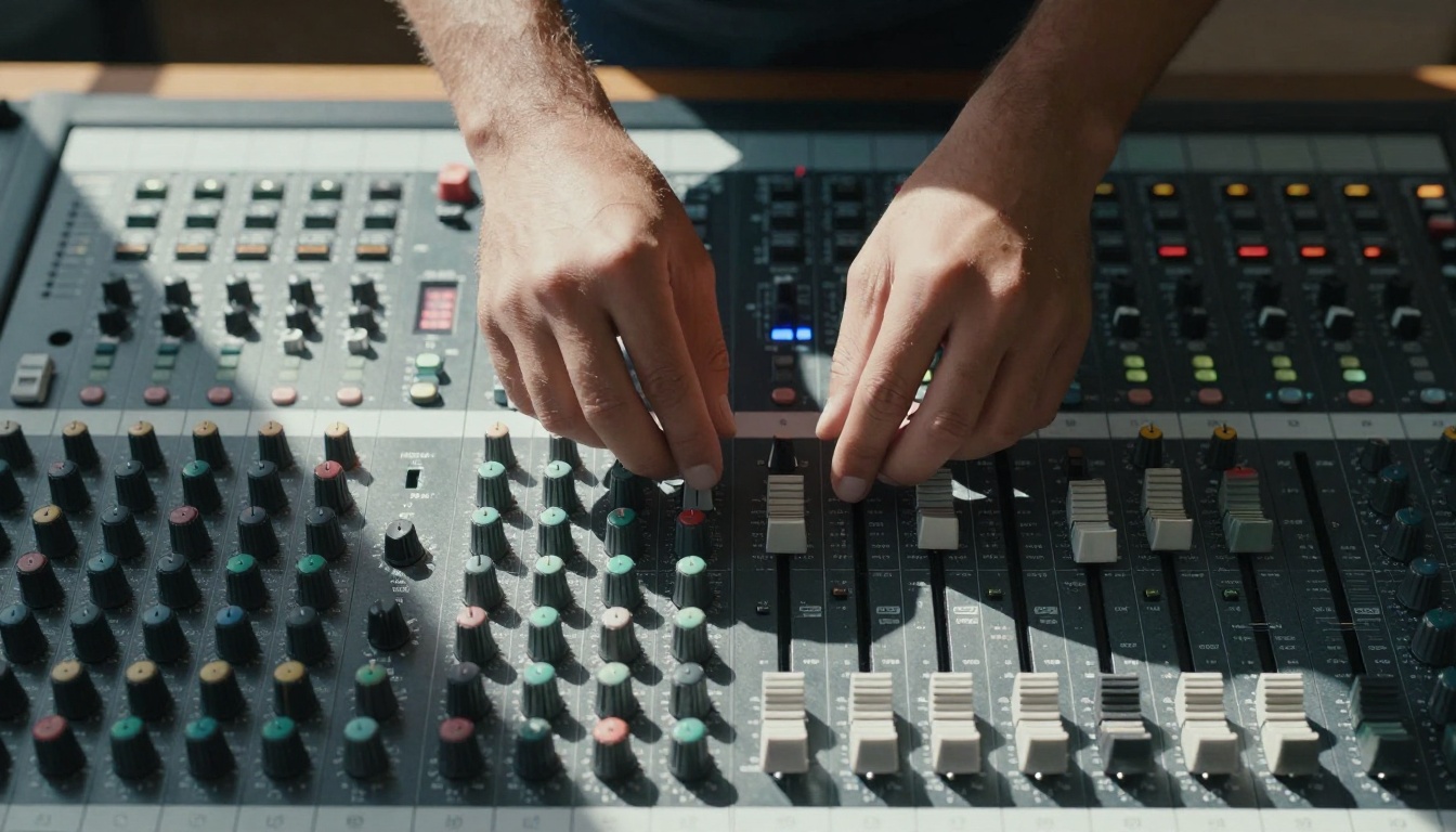 Close-up aerial view of mixing console