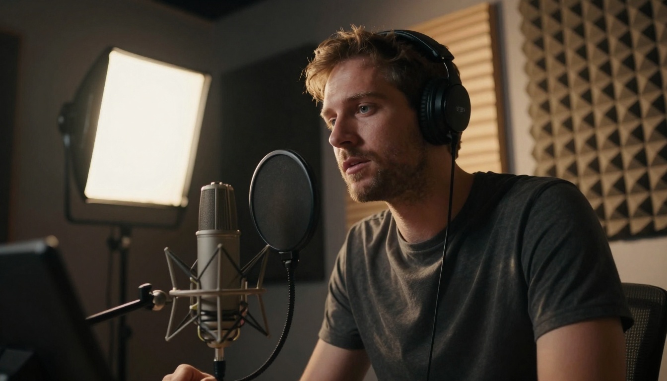 Voice actor recording in home studio