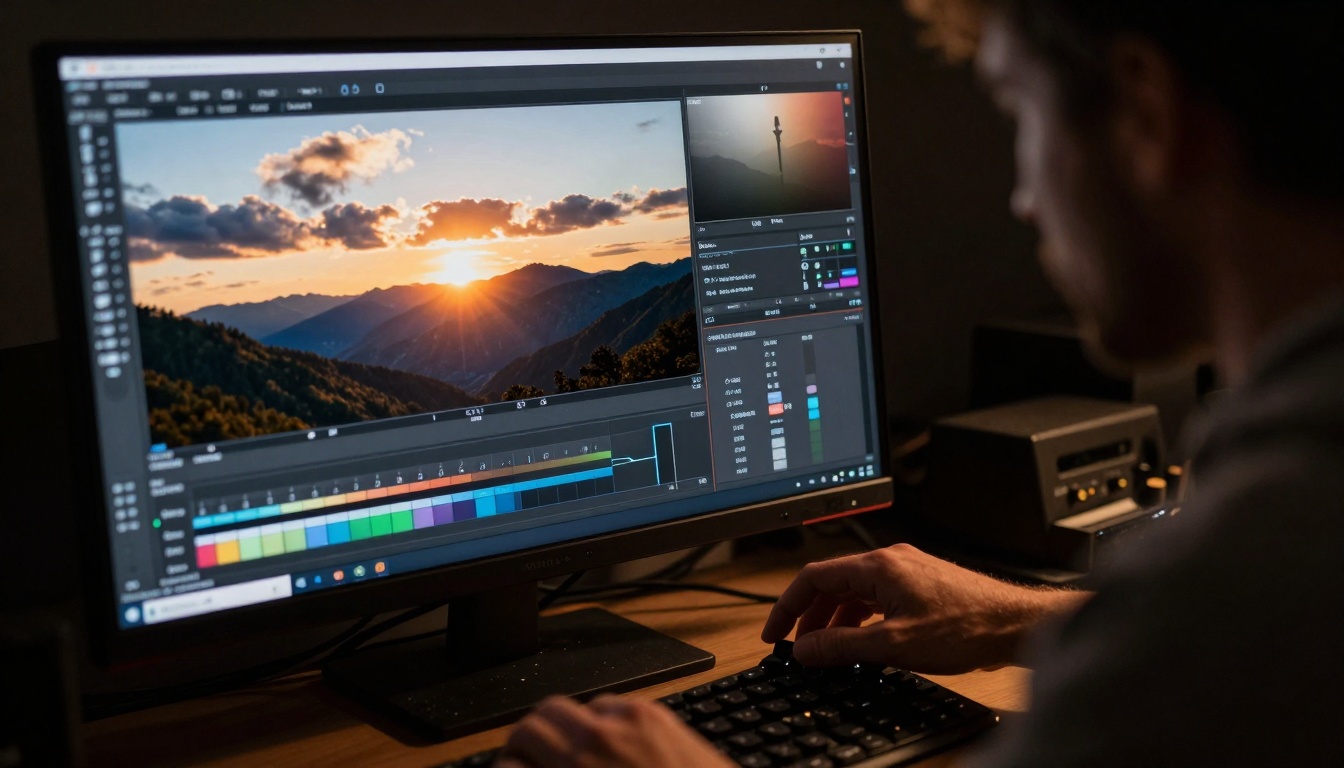 Film colorist enhancing perfect landscape frame