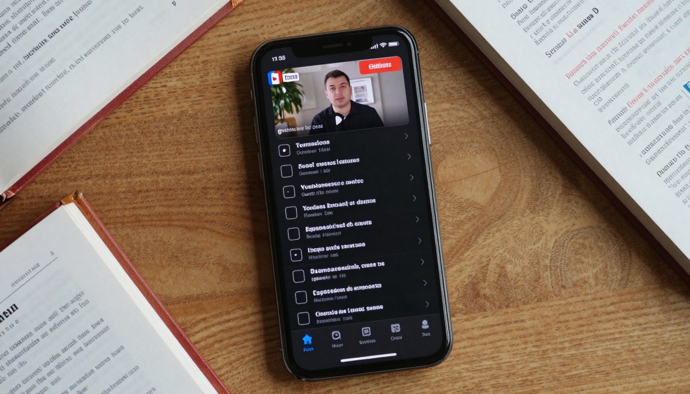 Aerial view of smartphone with multilingual subtitle options