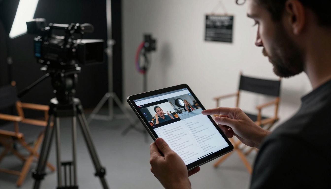 Medium shot of filmmaker reviewing transcribed script
